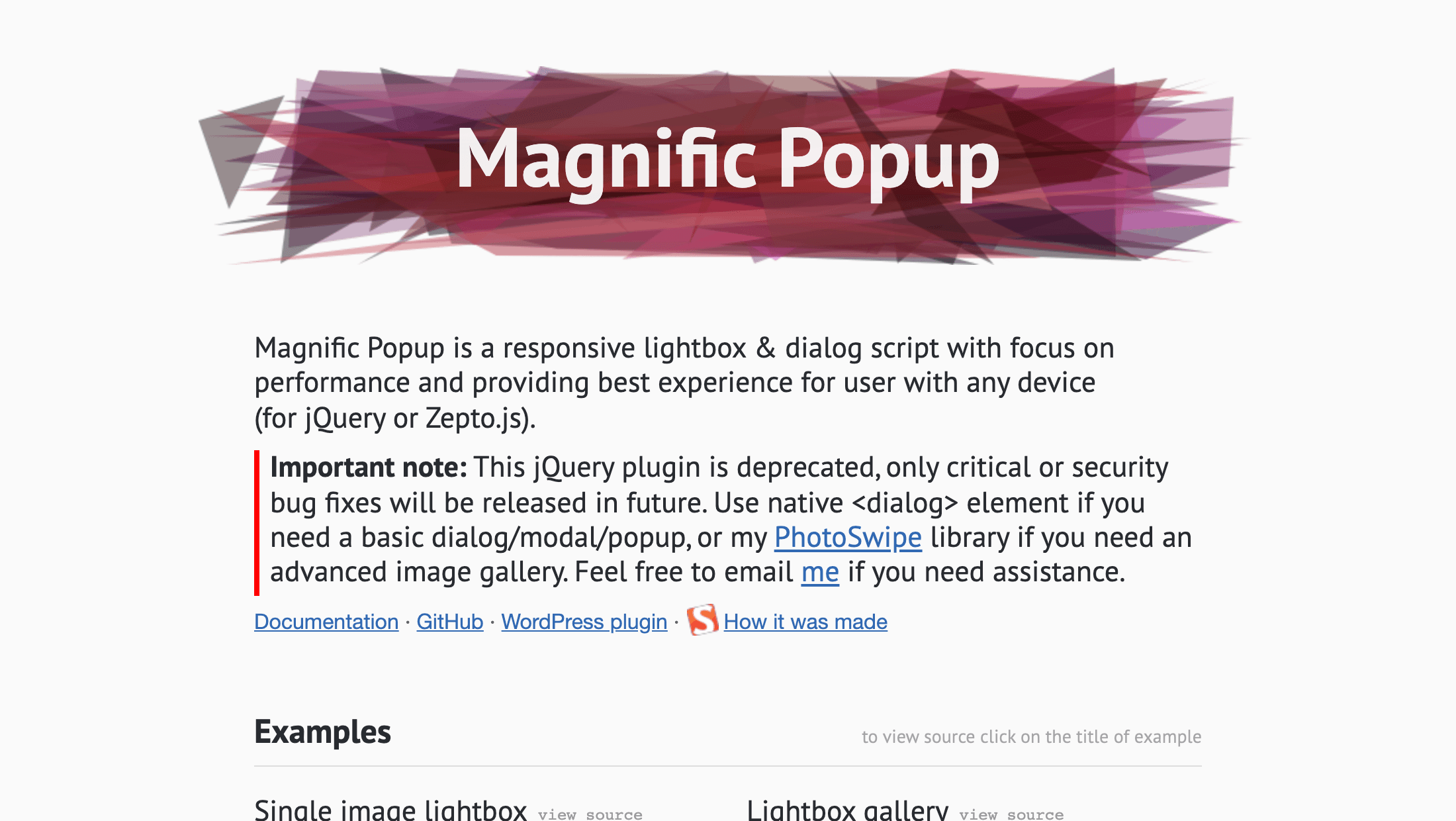 The Magnific Popup homepage with its red-brush header and an important note announcing the jQuery plugin is deprecated, recommending the native dialog element for basic popups or PhotoSwipe for advanced image galleries