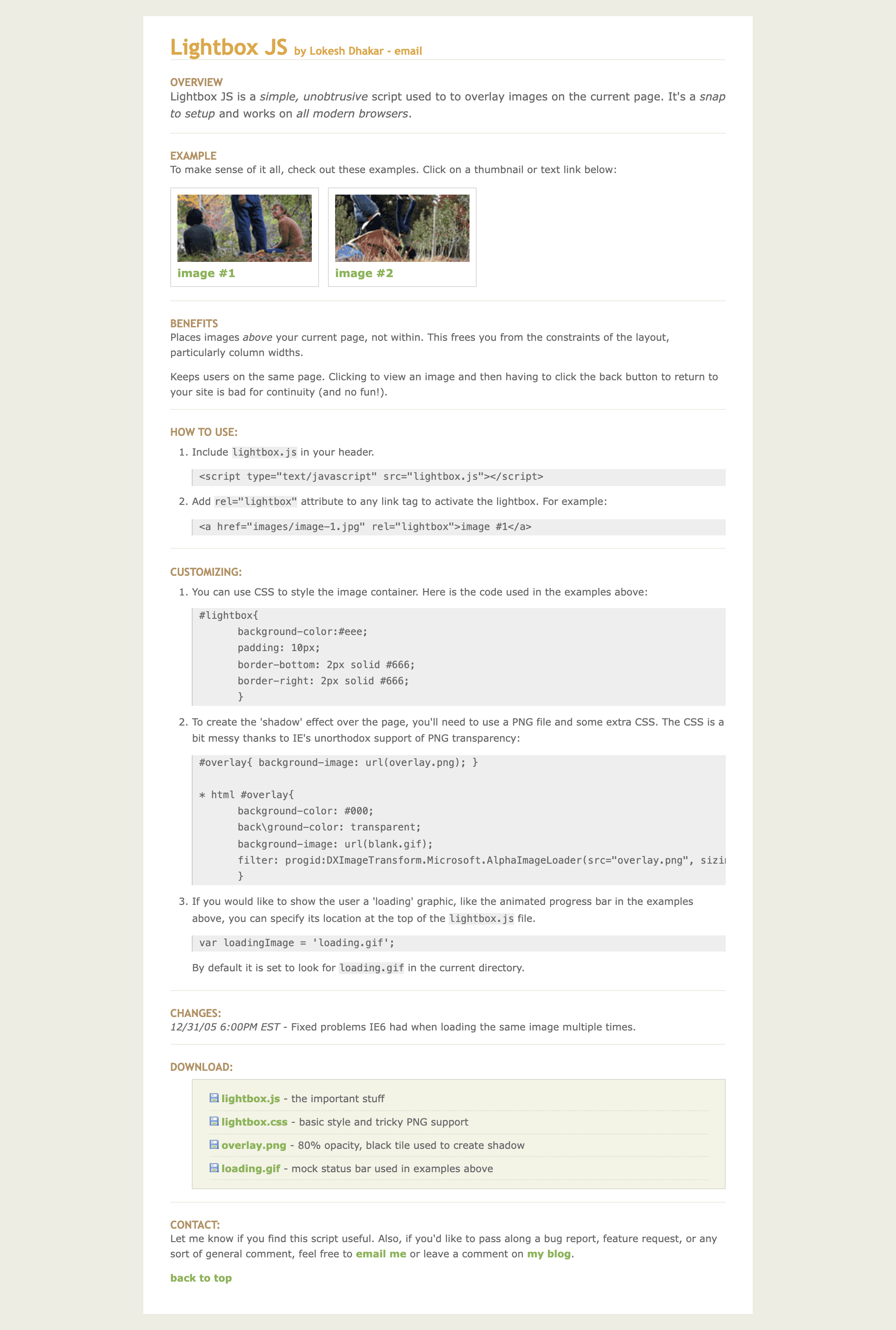 The original Lightbox JS project page from January 2006: overview, two example thumbnails, how-to-use instructions with rel=lightbox, CSS customization snippets, and a downloads list of lightbox.js, lightbox.css, overlay.png and loading.gif